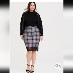 Torrid Pencil Skirt 1x Black Gray Plaid Lace Trim Back Slit Studio Ponte Lux